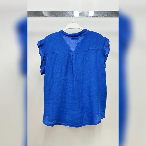 (8093-ROY) SOLID RUFFLE SHORT SLEEVE CHEST POCKET BUTTON DOWN LINEN TOP - Picture 2 of 6